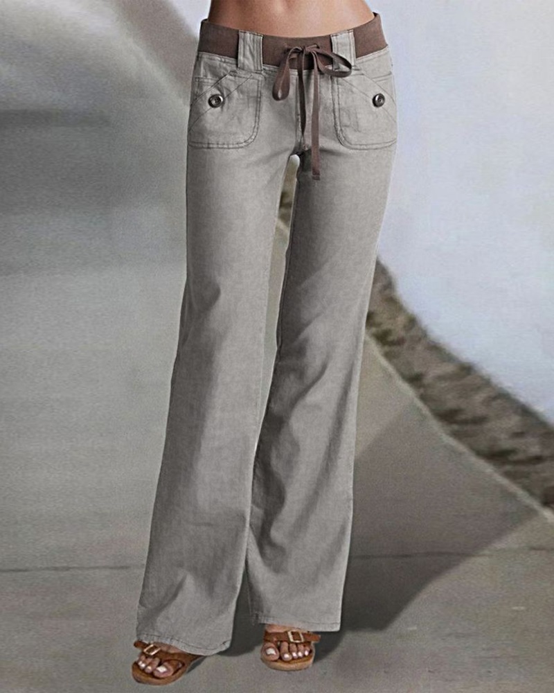 

Contrast Paneled Drawstring Low Waist Flared Pants, Gray