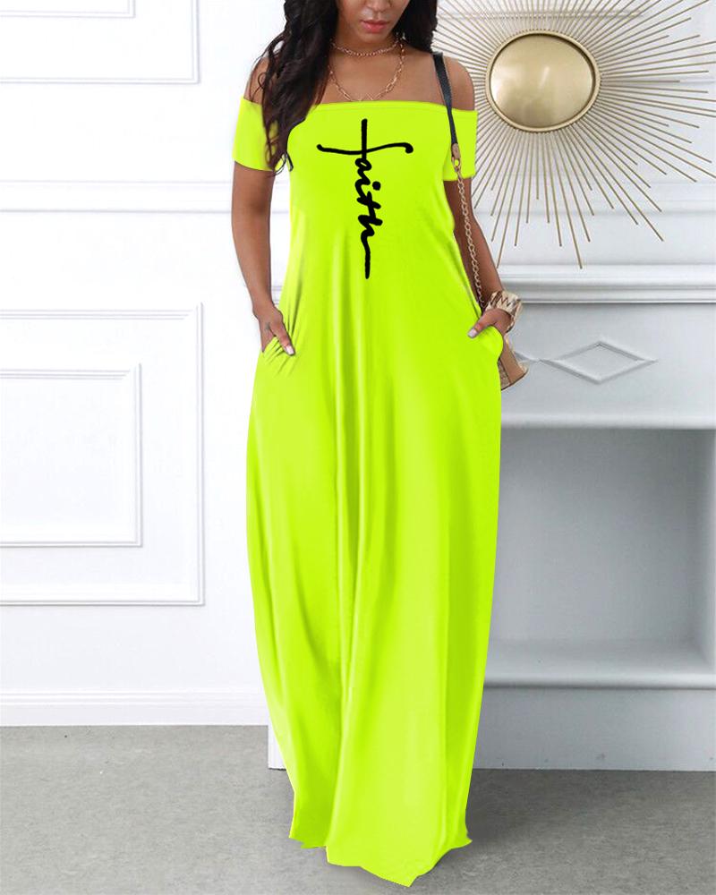

Letter Print Off Shoulder Casual Dress, Yellow
