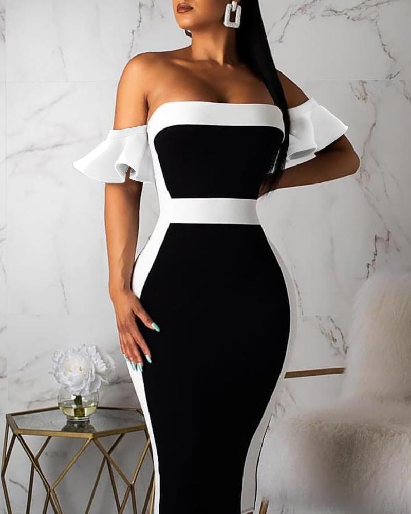 

Colorblock Off Shoulder Bodycon Dress, Blackwhite