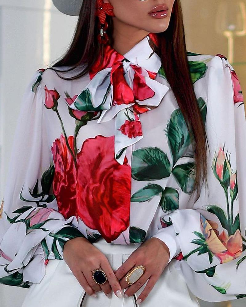 

Lantern Sleeve Tied Detail Floral Print Top, White