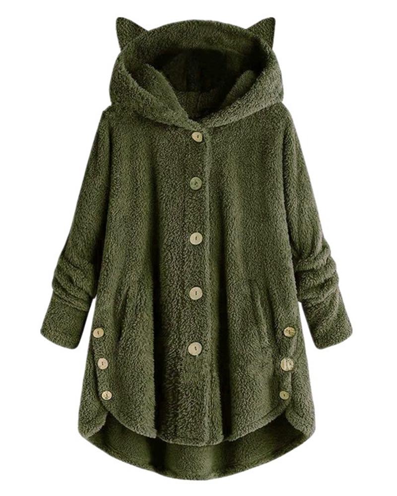 

Plus Size Long Sleeve 3D Cat Hooded Teddy Coat, Green