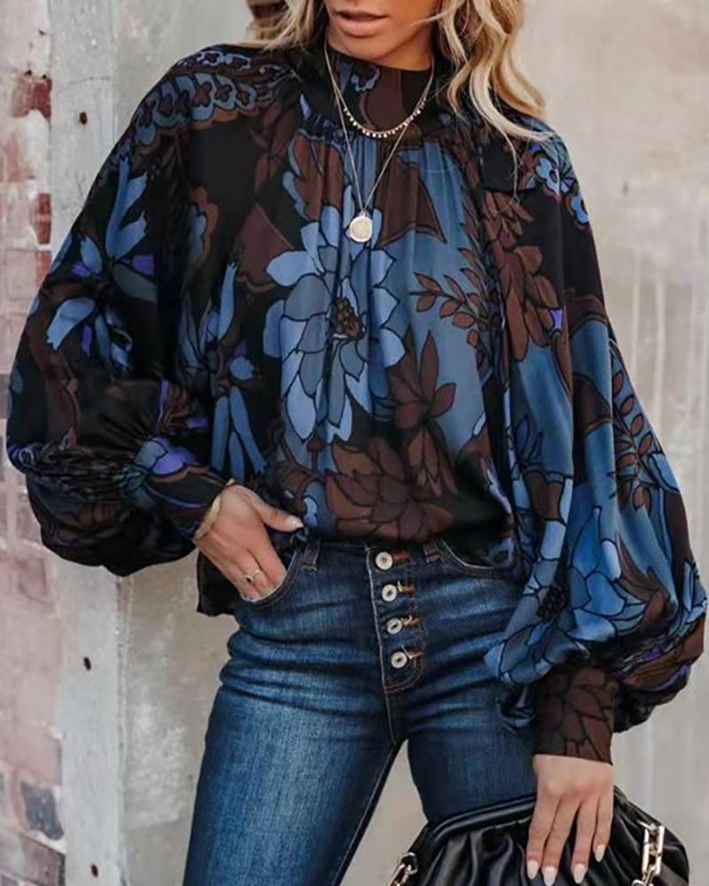 

Mock Neck Floral Print Lantern Sleeve Top, Blue