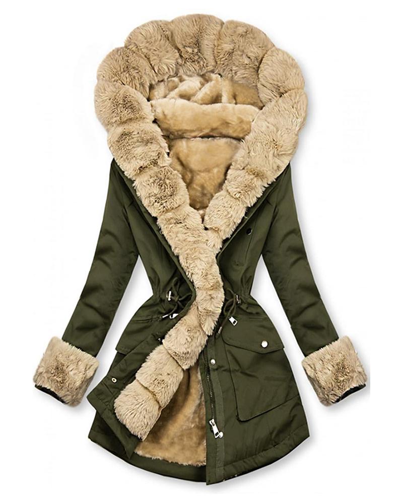 

Women' Parka Winter Warm Fur Collar Hooded Pocket Design Coat, Army green