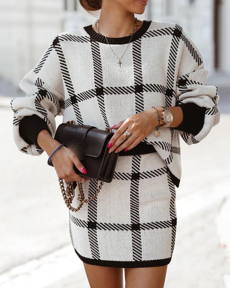

Plaid Print Long Sleeve Sweater & Skirt Set, Beige