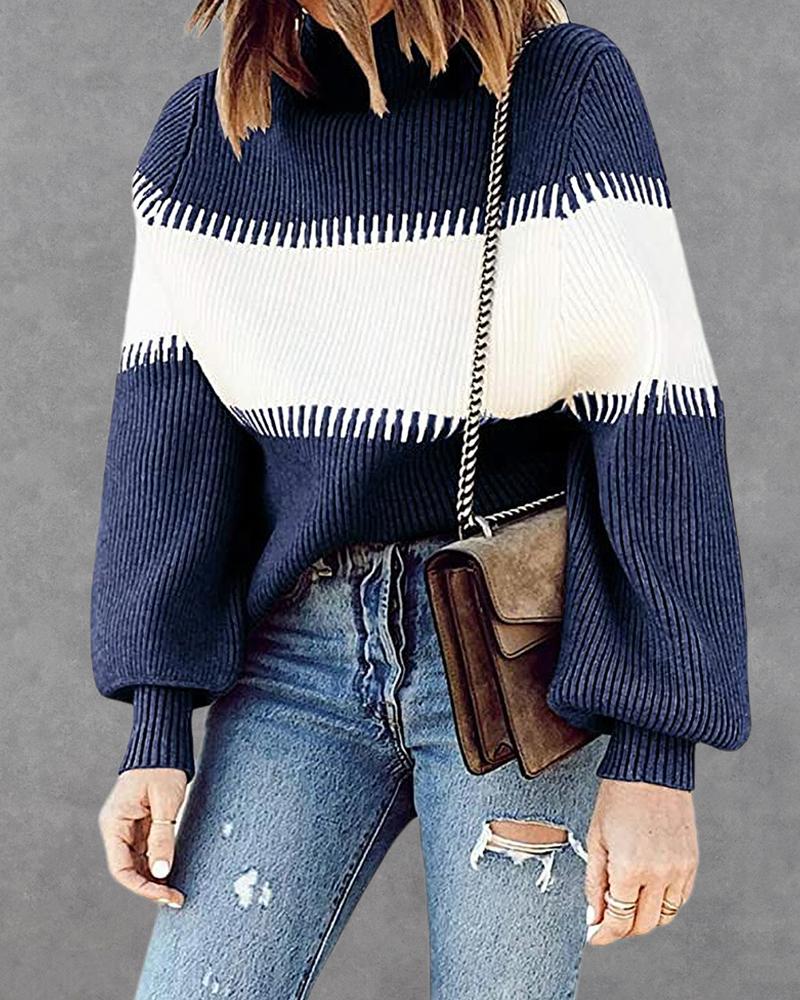 

Colorblock Ribbed High Neck Sweater, Blue