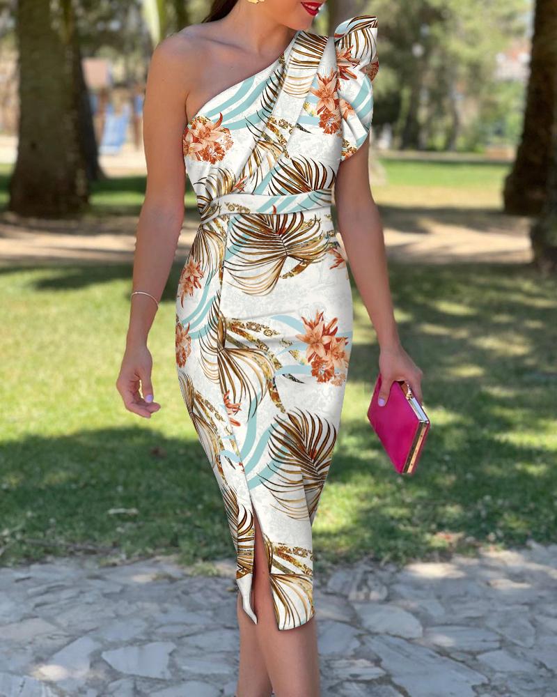 

Tropical Print One Shoulder Ruffles Slit Dress, Multicolor