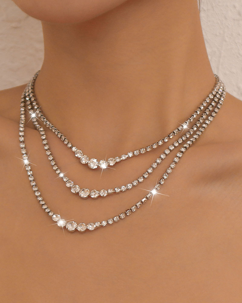

1pc Sparkling Rhinestone Layered Chain Necklace, Silver