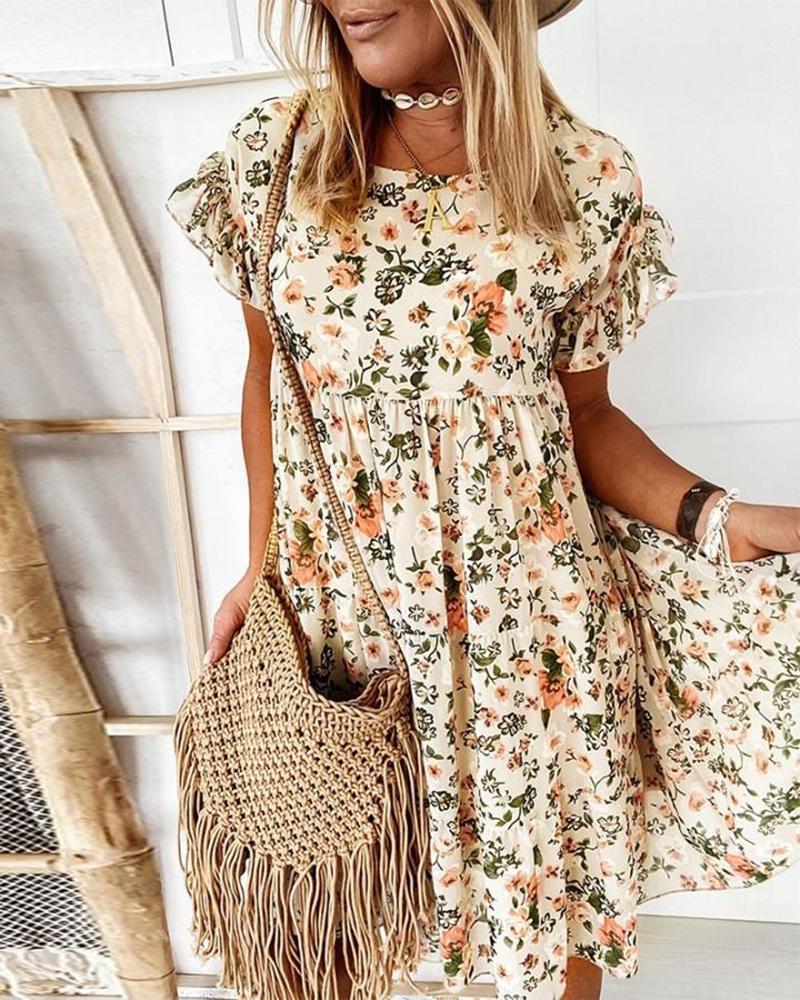 

Floral Print Ruffles Trim Casual Dress, White