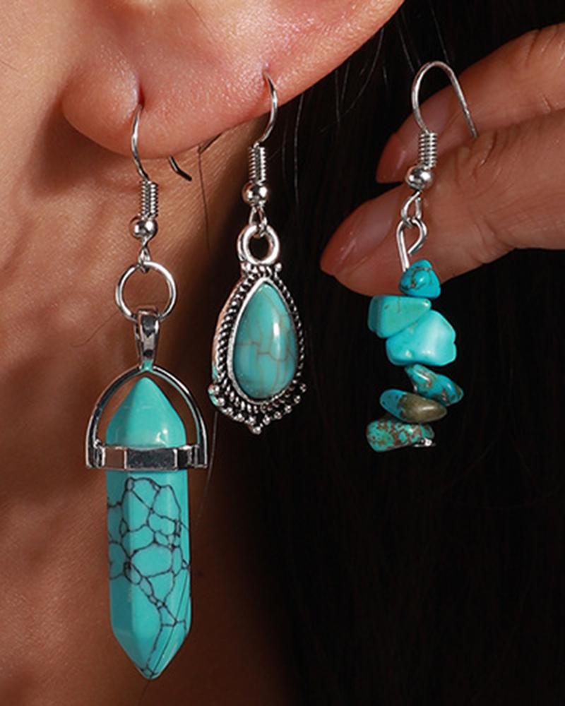 

3Pairs Tribal Bohemian Water Drop Hexagon Prism Shaped Earrings Set, Blue