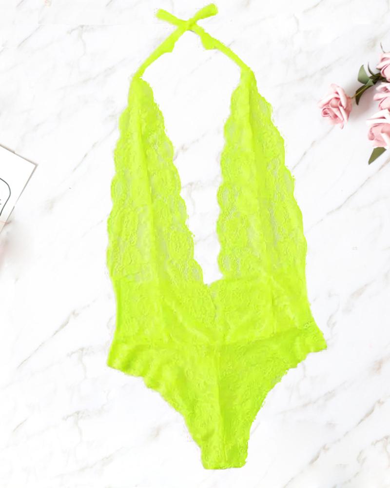 

Perspective Lace Hem Halter Bodysuit, Green