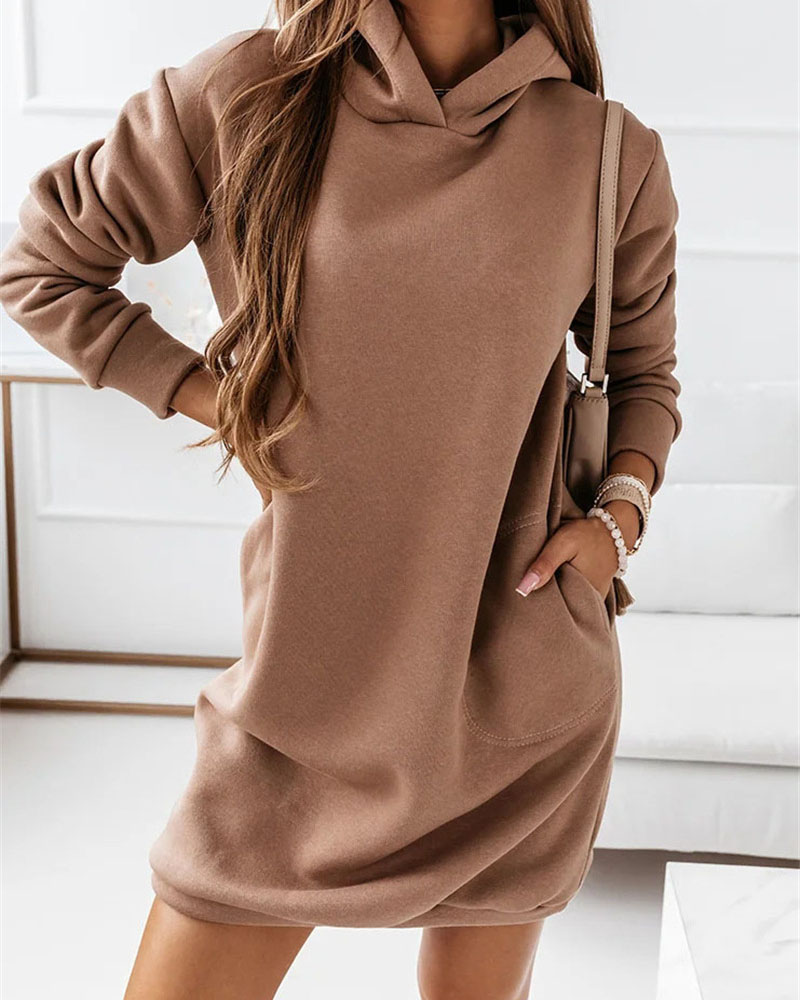 

Long Sleeve Pocket Detail Hooded Sweatshirt Dress, Brown