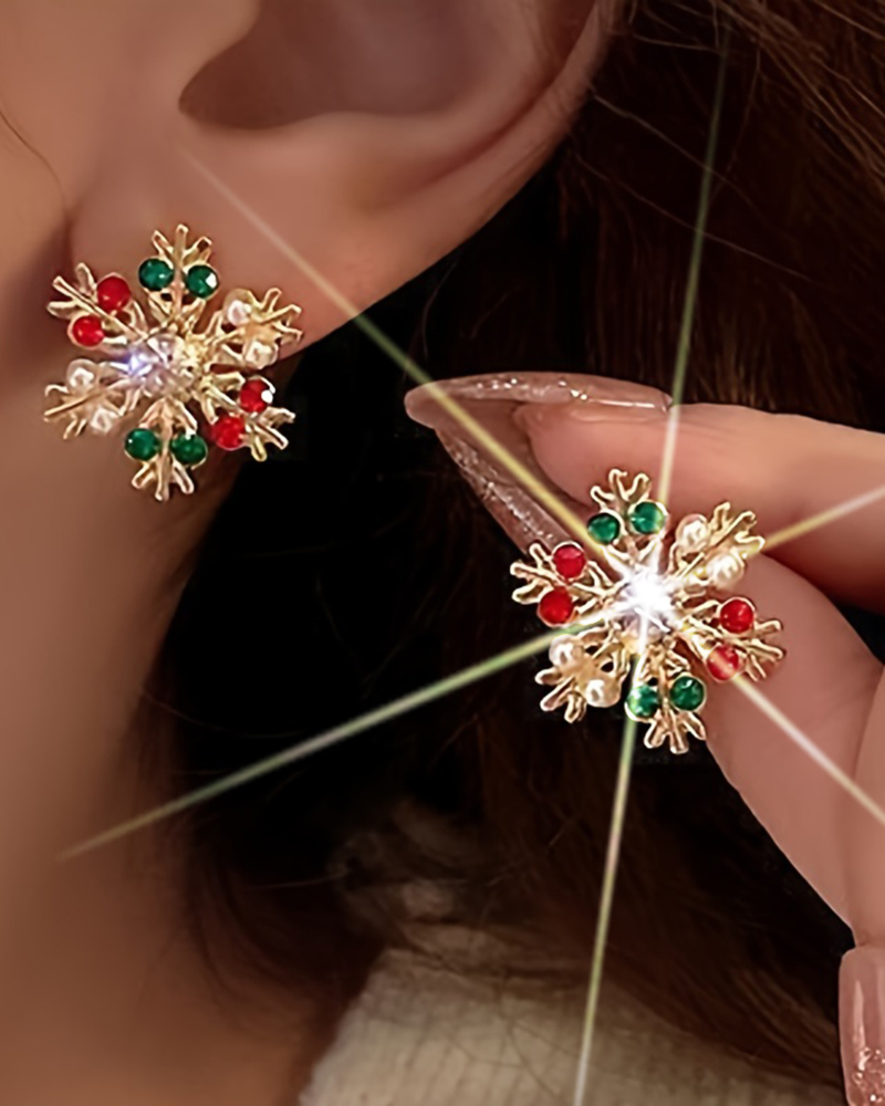 

1 par de pendientes decorativos con diamantes de imitación en forma de copo de nieve navideño, Multicolor