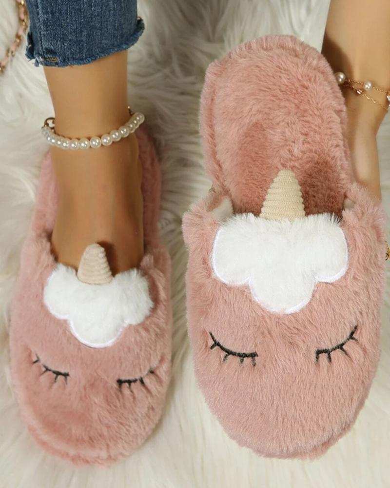 

Fuzzy Unicorn Pattern Round Toe Slippers, Pink