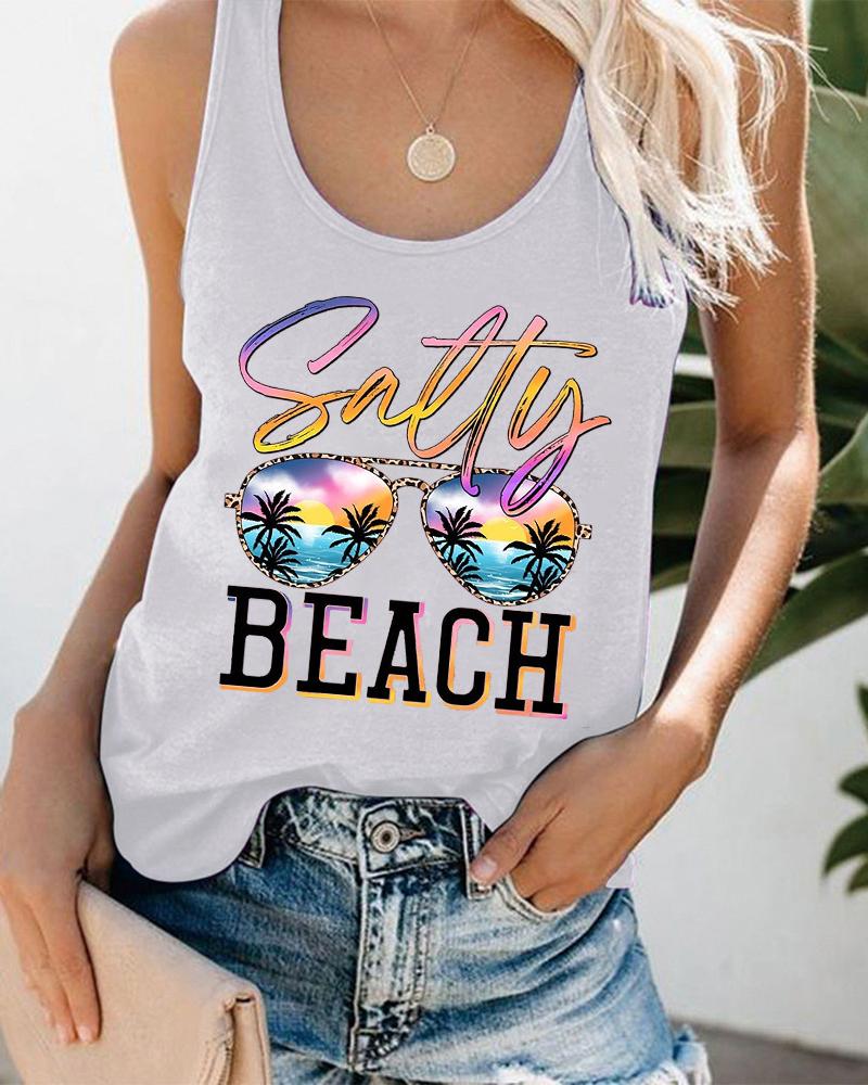 

Sunglasses Beers Coconut Tree Landscape Print Graphic Tee Summer Beach Vest Tank Top, White
