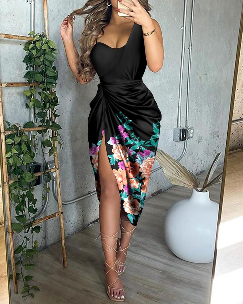 

Floral Print Ruched High Slit Satin Dress, Black