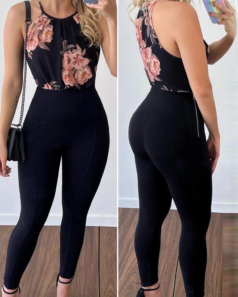 

Floral Print Top & Zip Side Pants Set, Black