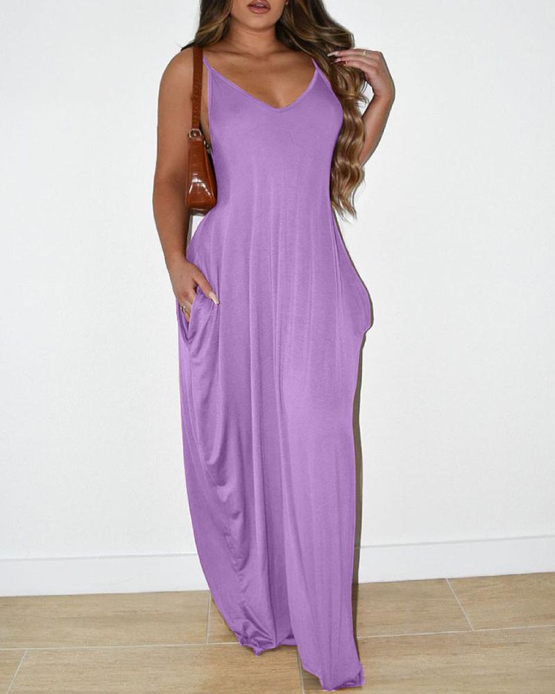 

Pocket Design Ruched Spaghetti Strap Maxi Dress, Purple