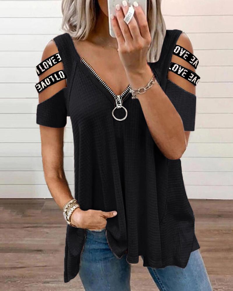 

Waffle Knit Cutout Cold Shoulder Zipper Design Letter Print Top, Black