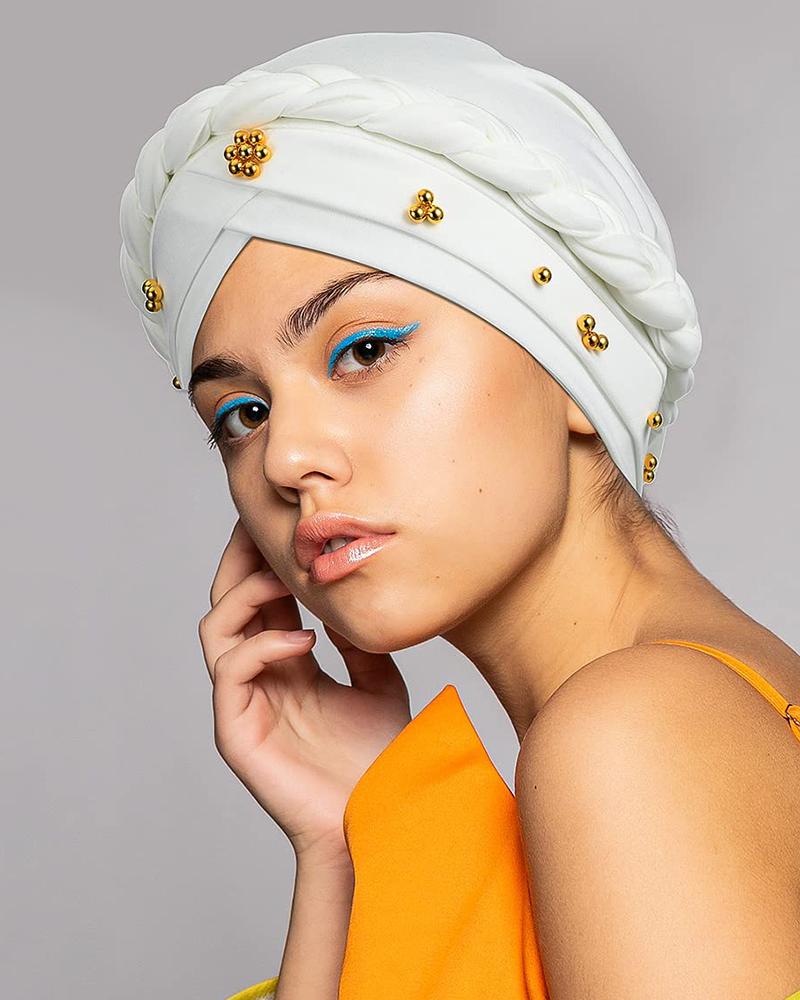 

Studded Headwrap Braided Turban Cap Beaded Beanie Hat, White