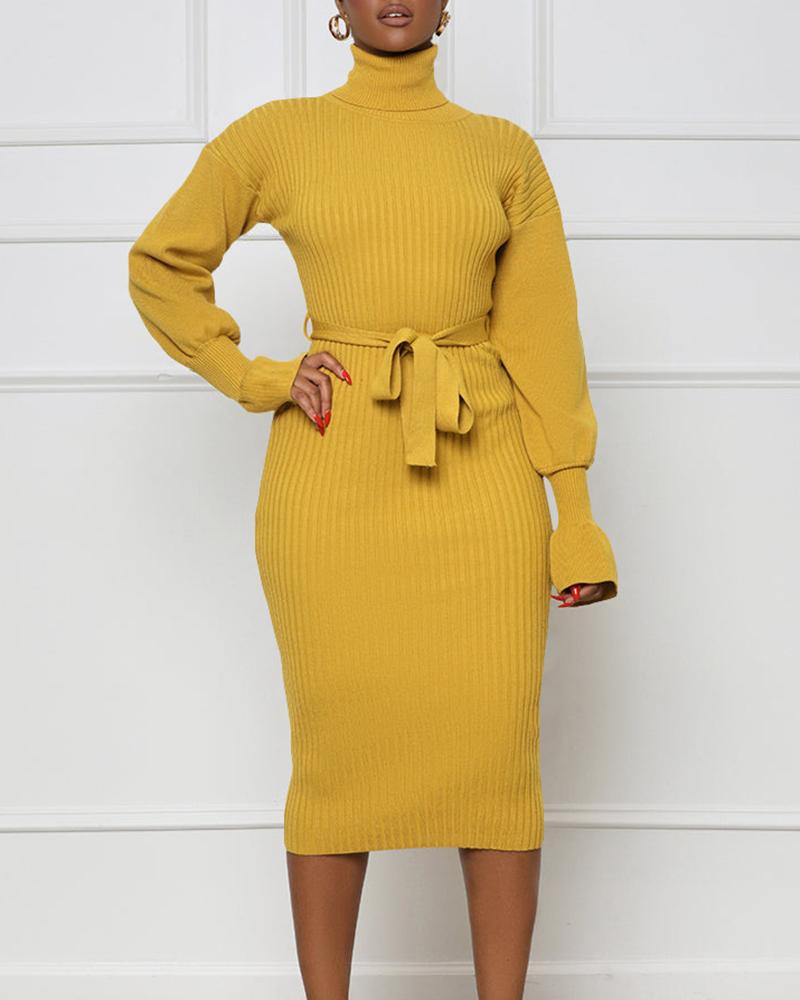 

High Neck Long Sleeve Knit Bodycon Dress, Yellow