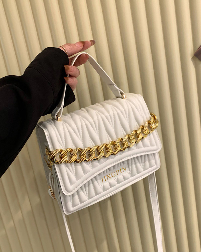 

Chain Decor Quilted Flap Shoulder Bag With Handle, White
