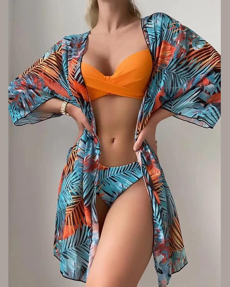 

3PCS Tropical Print Crisscross Bikini Set With Cover Up, Orange