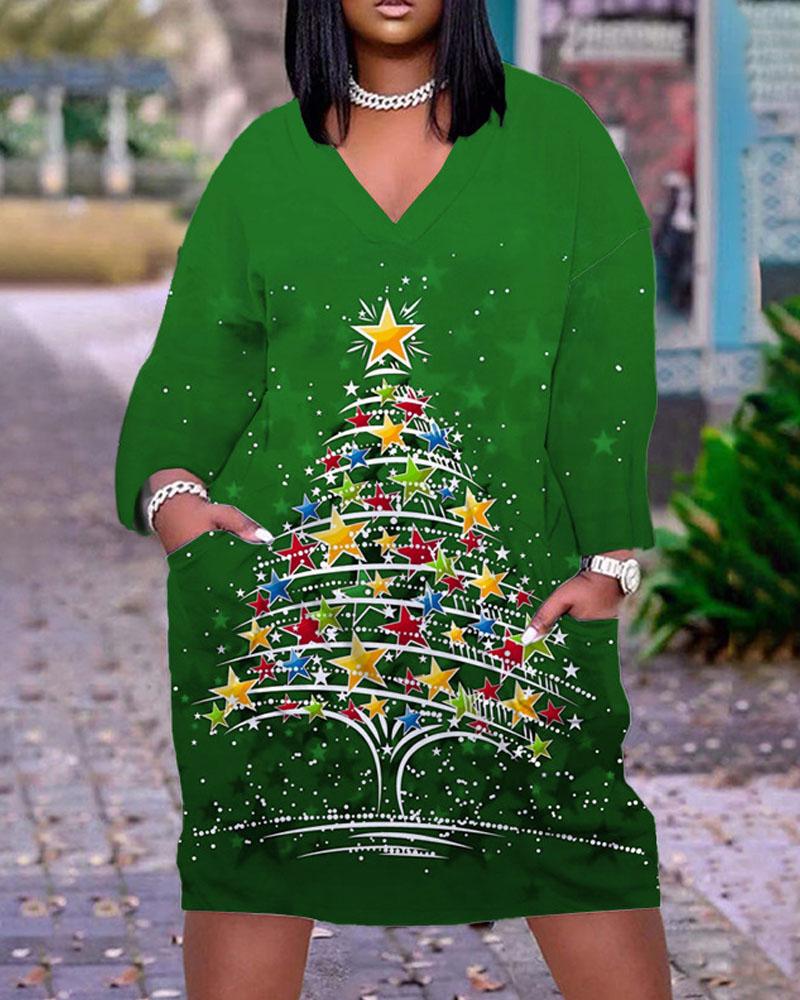 

Plus Size Christmas Tree Print Casual Dress, Green