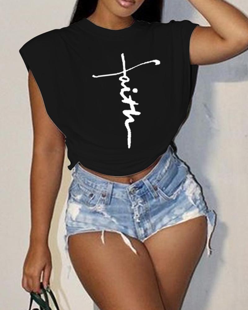 

Letter Print Tied Detail Crop Top, Black