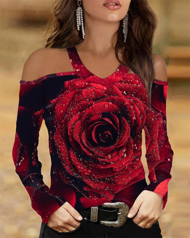 

Floral Print Cold Shoulder Top, Red