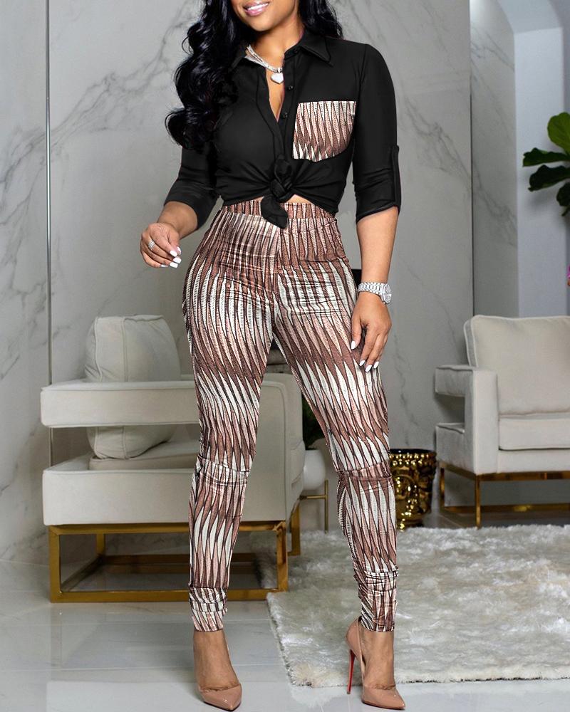 

Abstract Print Button Down Shirt & High Waist Pants Set, Multicolor