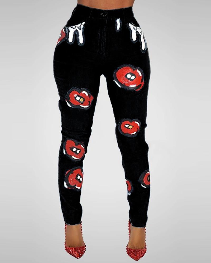 

Lip Pattern High Waisted Button Design Jeans, Black