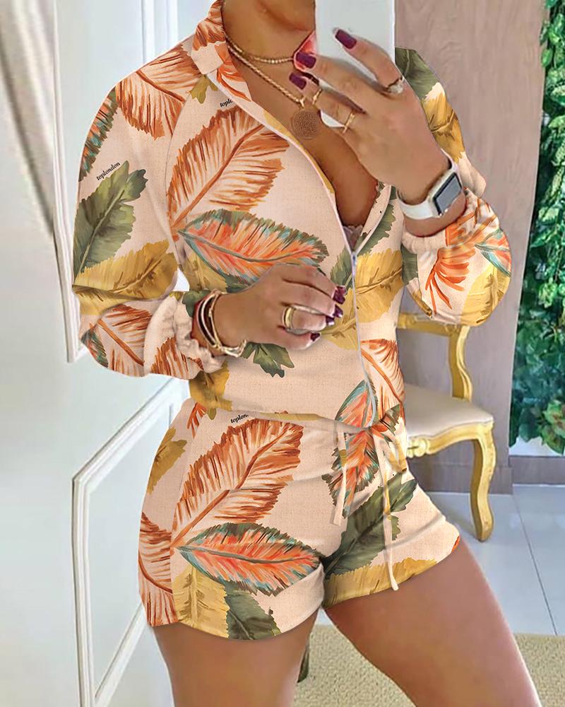 

Leaf Print Zip Up Top & Drawstring Shorts Set, Multicolor