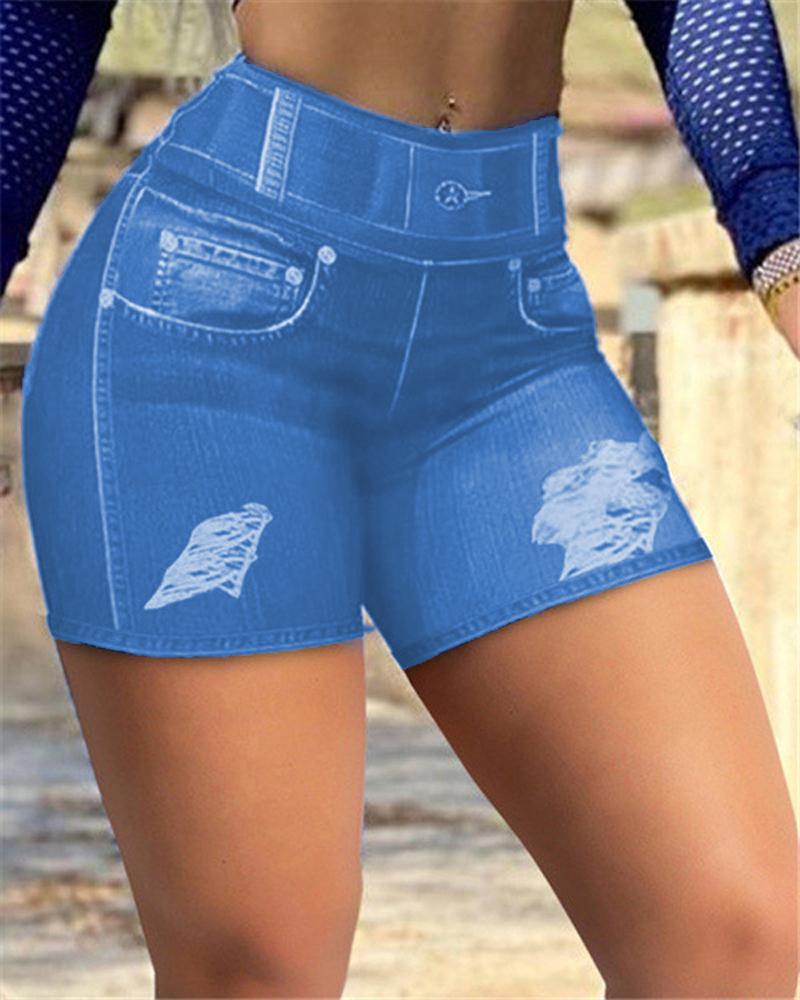 

Denim Look Print High Waist Butt Lifting Active Shorts, Lighted blue