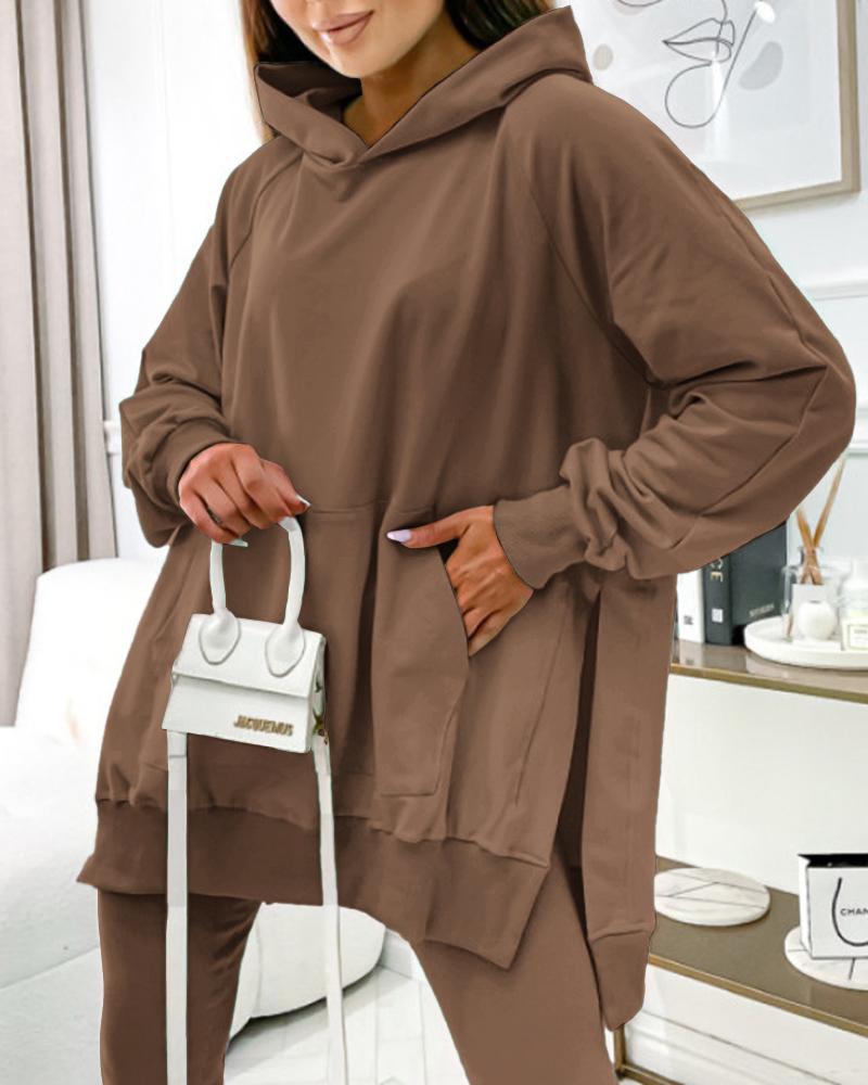 

Pocket Design Long Sleeve Slit Hoodie, Coffee