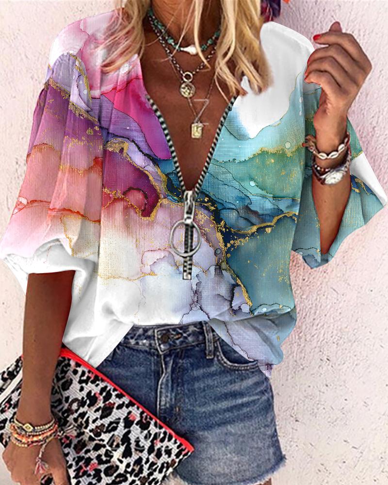 Marble Print Zip Front Lantern Sleeve Top