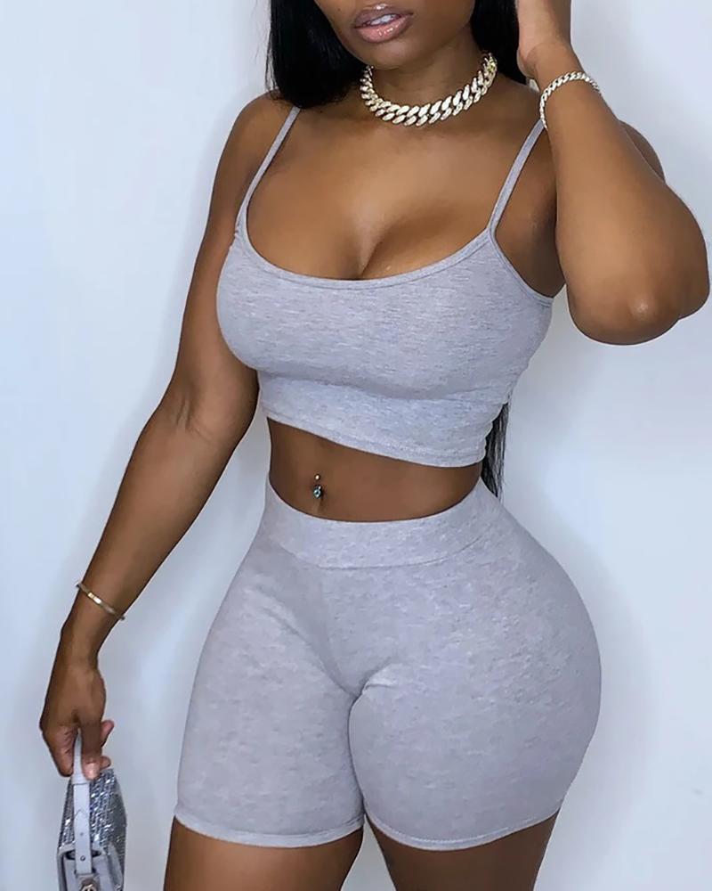 

Spaghetti Strap Crop Top & Shorts Set, Gray