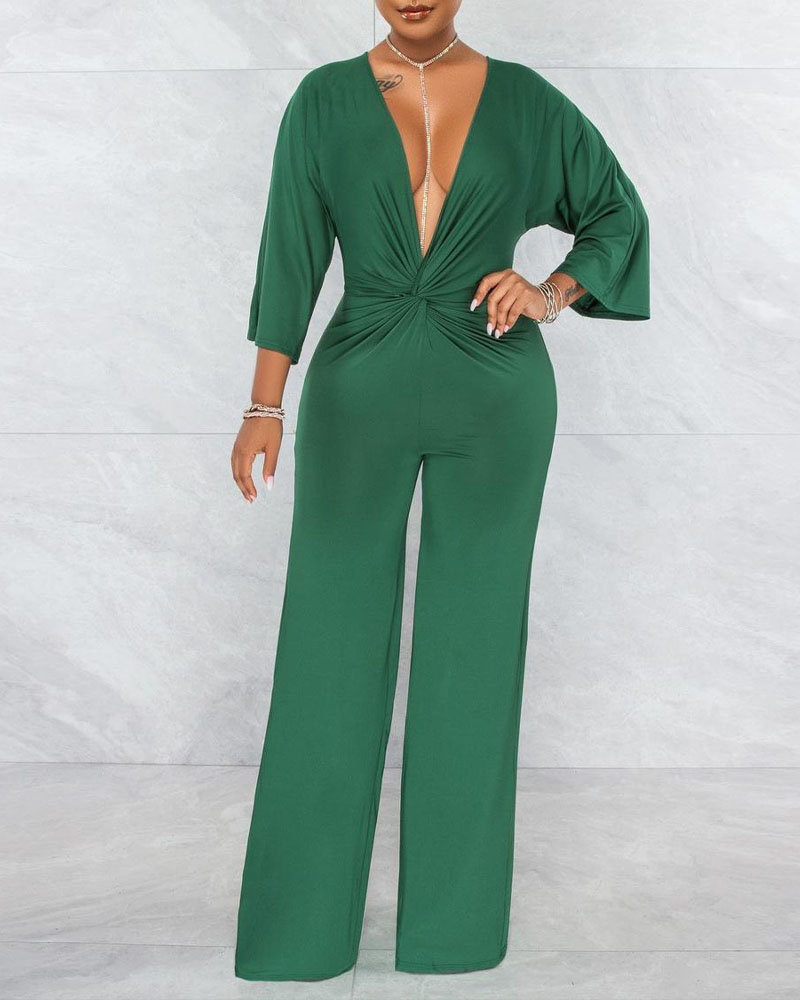 

Twist Design Plunging Neck Jumpsuit, Green