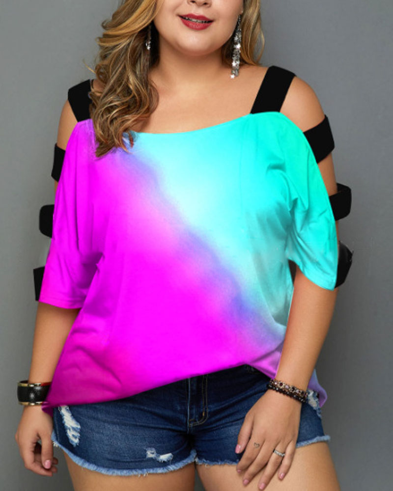 

Plus Size Colorblock Ladder Cutout Cold Shoulder T-shirt, Purple