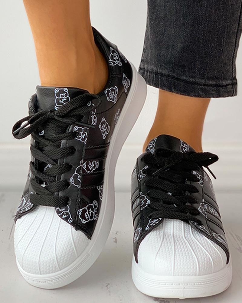 

Cartoon Print Lace-up Skater Shoes, Black