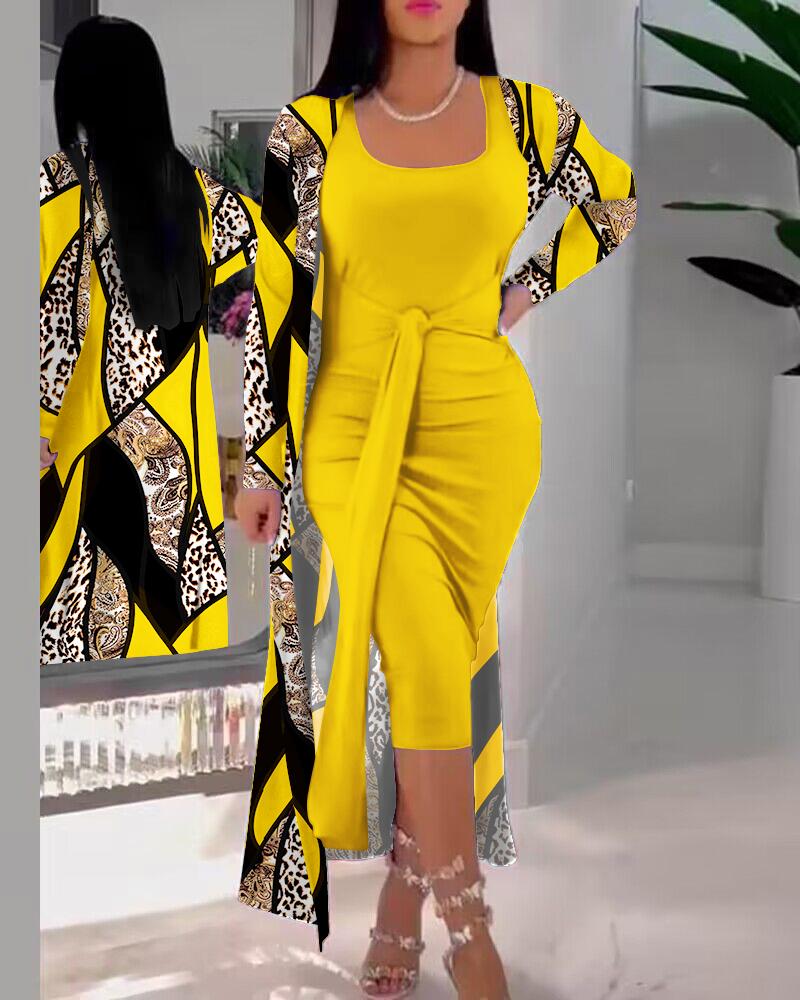 

Baroque Leopard Print Tied Detail Dress & Longline Coat Set, Yellow