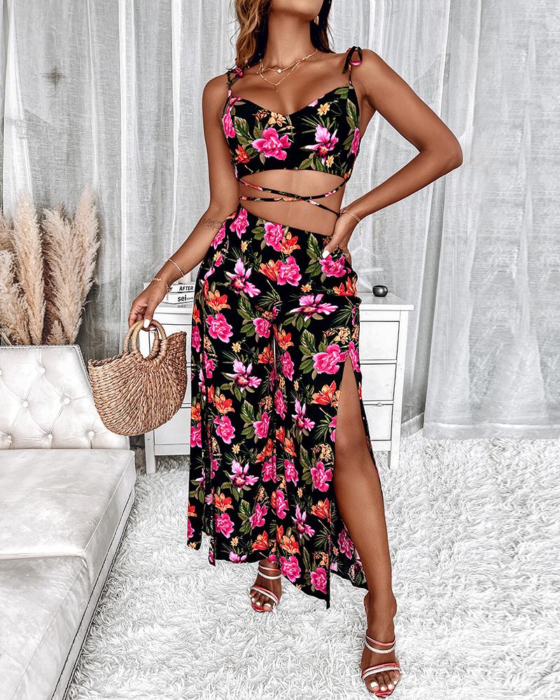 

Tropical Print Tied Detail Crop Cami Top & Split Hem Pants Set, Black