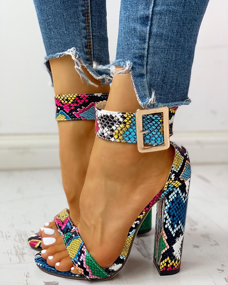 Buy Snakeskin / Floral Print Ankle Buckled Chunky Heels. Picture