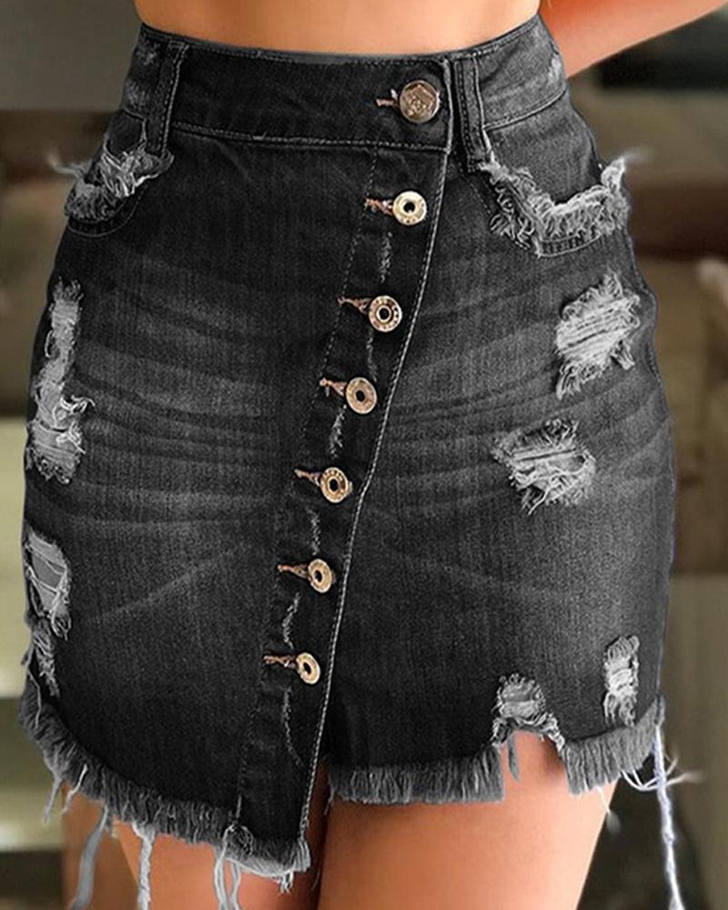 

Pocket Button Detail Raw Hem Denim Skirt, Black