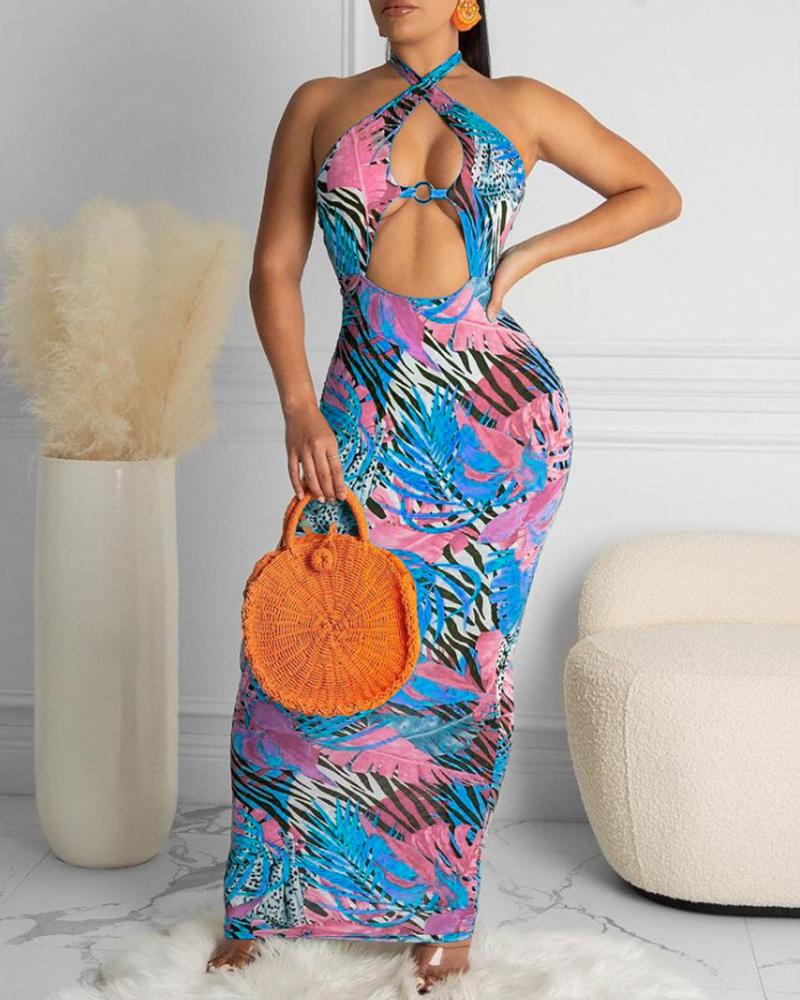

Tropical Zebra Stripe Print Halter O-Ring Cutout Maxi Dress, Blue