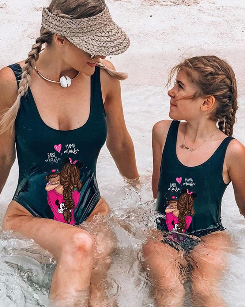 

Mommy & me Letter Figure Print U-Neck One Piece Swimsuit For Mom, Black