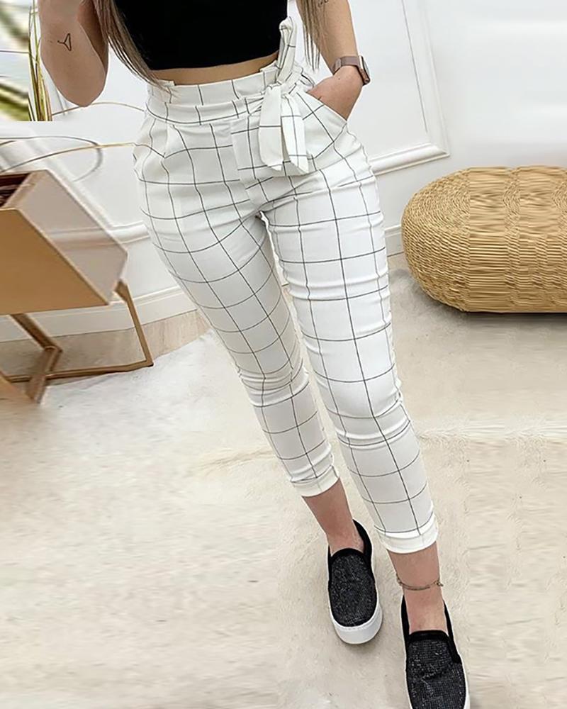 

High Waist Grid Paperbag Waist Pencil Pants, White