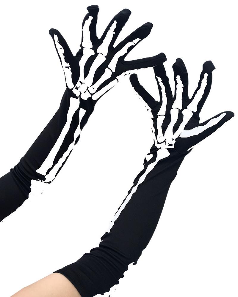 

Halloween 3D Skeleton Full Finger Wrist Bone Long Gloves, White