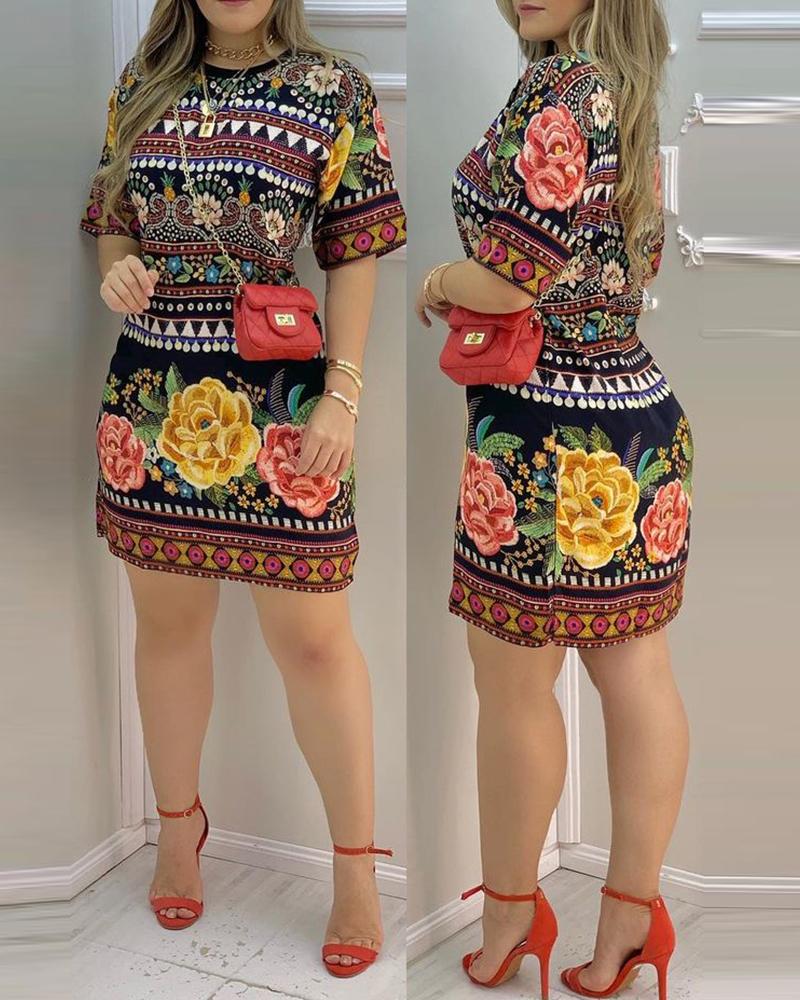

Tropical Print Short Sleeve Casual Dress, Black