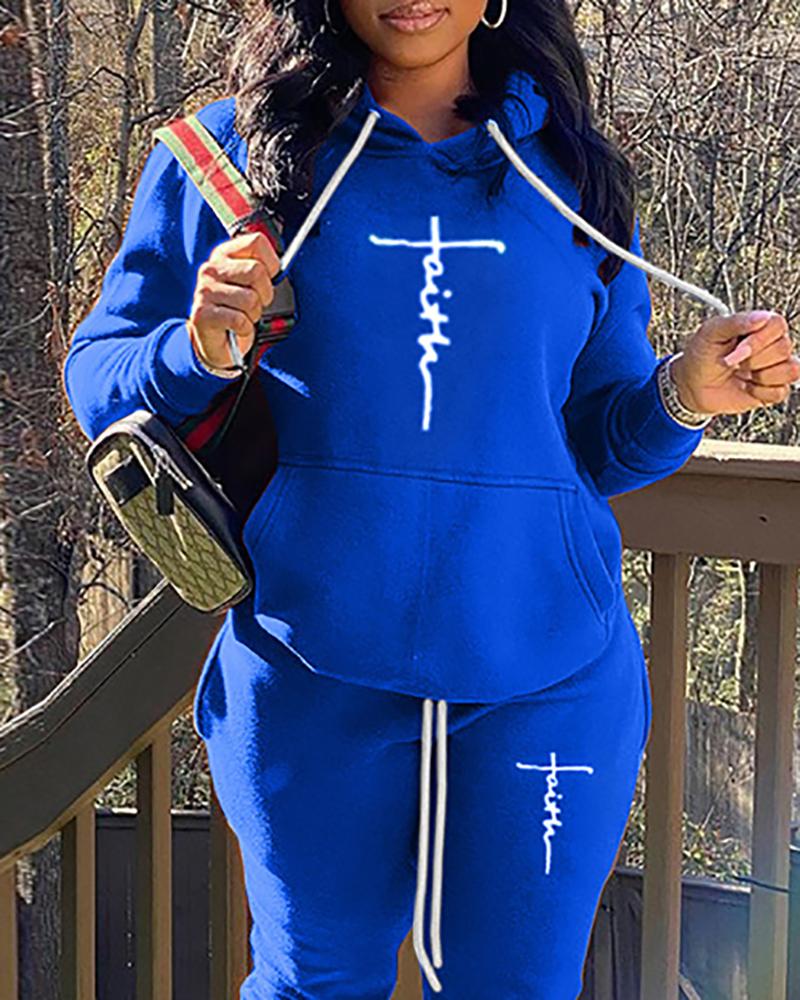 

Letter Print Long Sleeve Hooded Sweatshirt & Pocket Design Pants Set, Blue
