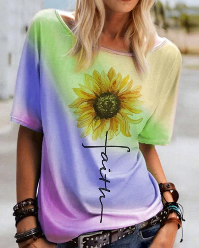 

Sunflower Letter Pattern Print Colorblock Casual T-shirt, Yellow